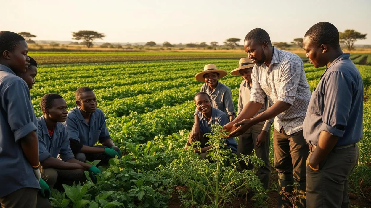 A practical agricultural training session with farmers in the field